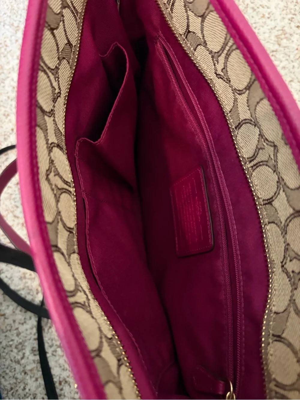 Coach Brown Signature Canvas Tote with Magenta Trim